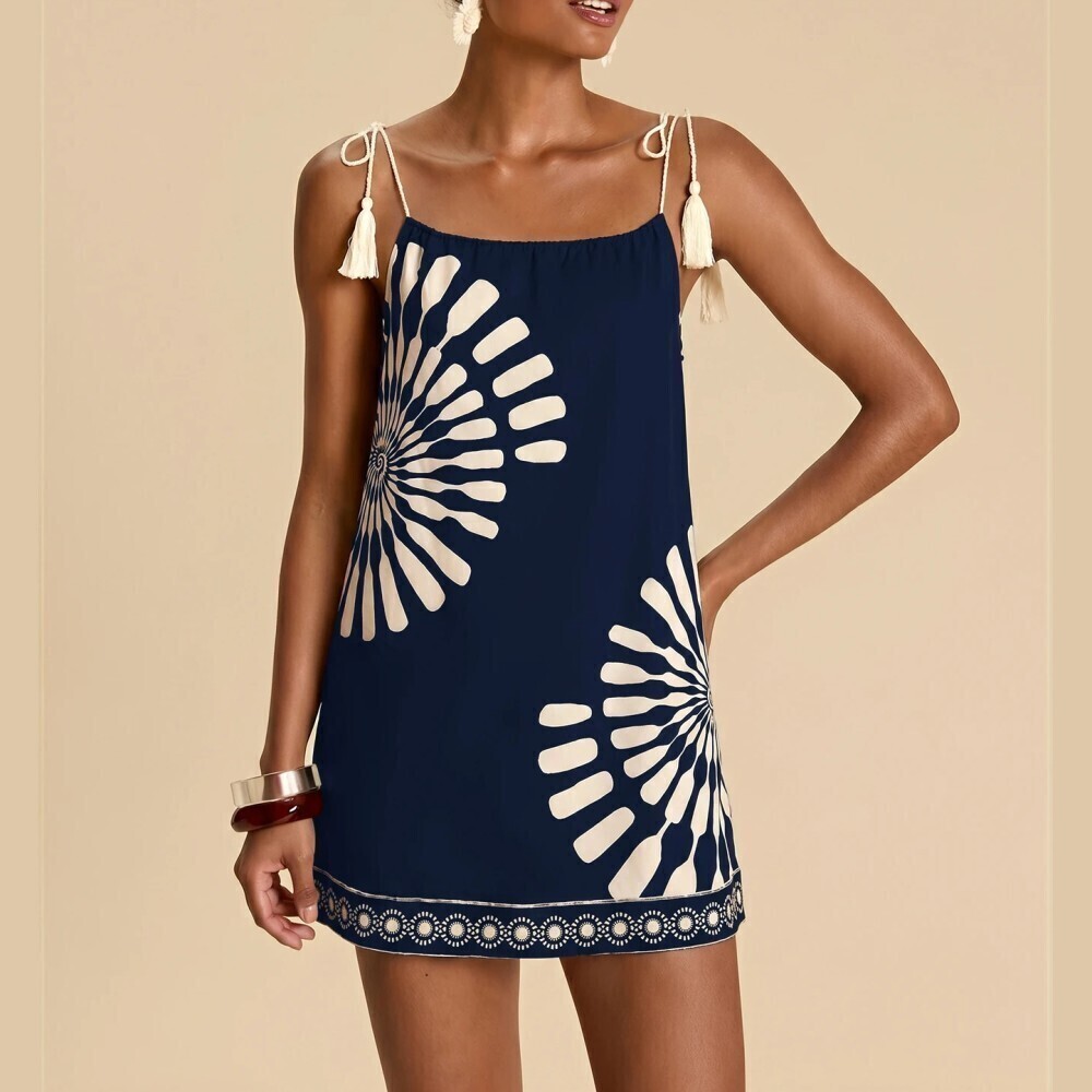 Navy Blue Sunburst Print Tie Strap Tassel Shift Cover Up Mini Dress